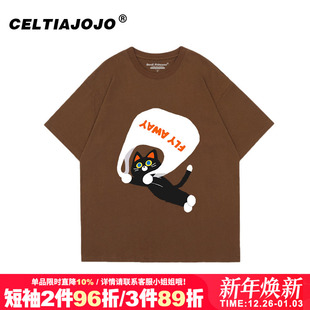 复古风宽松小个子卡通猫咪印花vintage正肩纯棉短袖 t恤上衣内搭夏