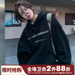 ulzzang宽松小众黑色连帽卫衣女加绒加厚套头帽衫内搭秋冬新款潮