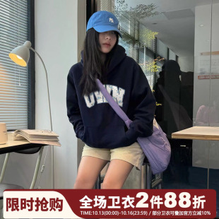 ulzzang小众慵懒风字母印花套头连帽卫衣女2026秋冬加绒加厚帽衫