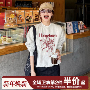 vintage美式 复古宽松慵懒风重磅花灰色套头圆领卫衣女休闲百搭秋