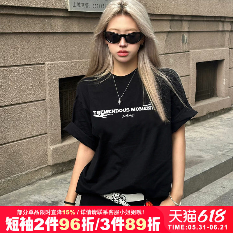 vintage街头潮牌慵懒风正肩黑色纯棉短袖t恤bf风情侣装半袖内搭女