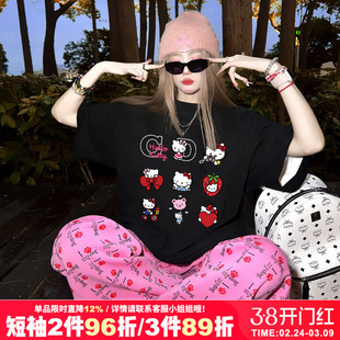 chic韩系ins风休闲甜妹凯蒂猫印花vibe甜酷正肩黑色短袖t恤女上衣