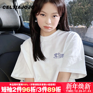 潮牌小众上衣夏 女装 ins风韩系正肩纯棉短袖 t恤慵懒风oversize大码