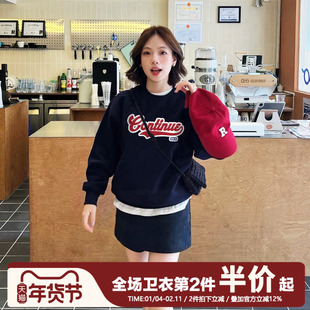 vintage宽松复古美式重磅街头设计感字母藏蓝色圆领卫衣女休闲潮