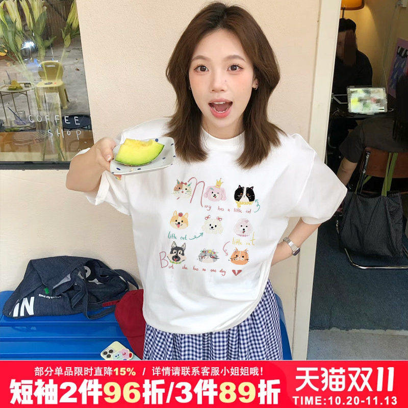 韩系ins风小众卡通猫咪狗狗印花小个子正肩纯棉白色短袖t恤上衣夏