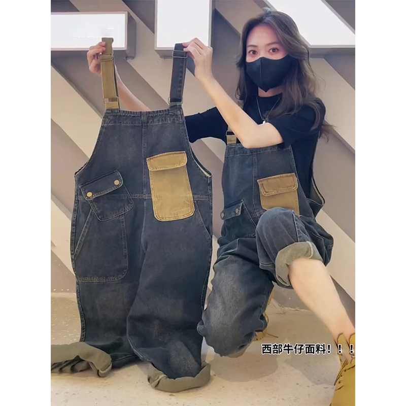 蓝色牛仔背带裤女2024秋冬新款欧货高腰显瘦洋气小个子哈伦连体裤