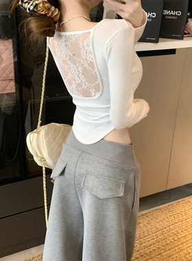 白色U领蕾丝拼接打底衫女秋冬纯欲风性感后背镂空内搭长袖T0202r