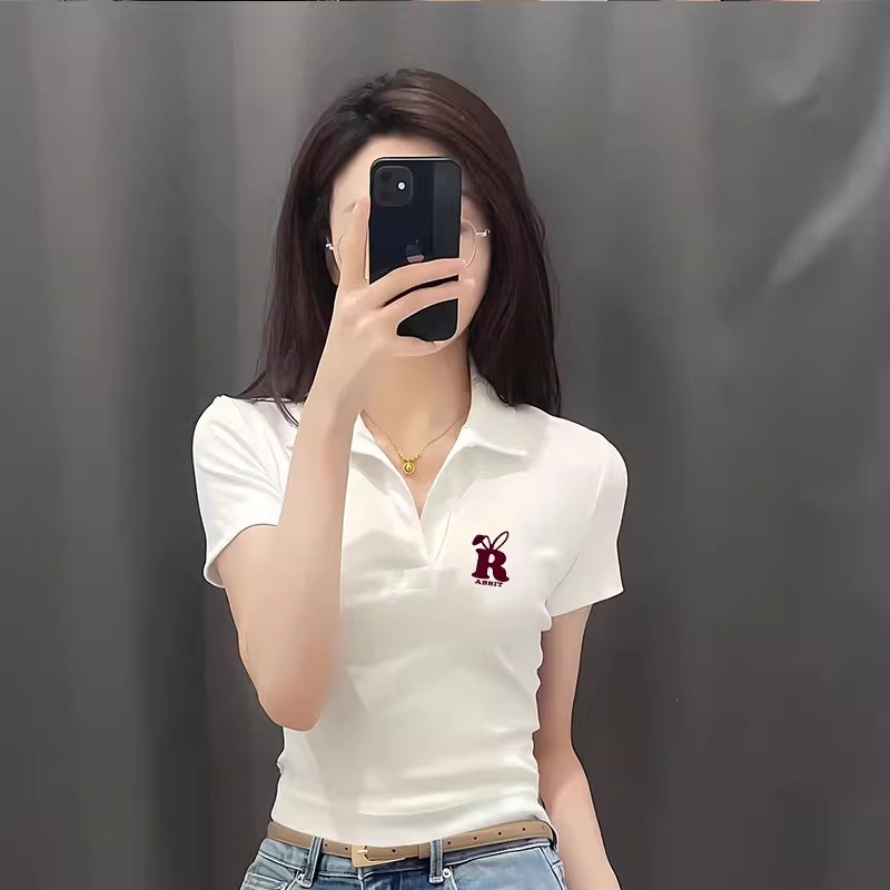 白色纯棉Polo领短袖T恤女夏季韩系chic修身短款正肩运动瑜伽上衣