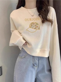 无帽长袖卫衣女2025年新款秋季返校穿搭圆领印花短款休闲套头上衣