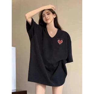 上衣 黑色V领短袖 t恤女2025新款 夏季 宽松休闲oversize遮屁股中长款