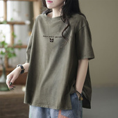 开叉圆领印花半袖 棉质短袖 0202r 韩版 宽松大码 t恤女2026年夏季 新款
