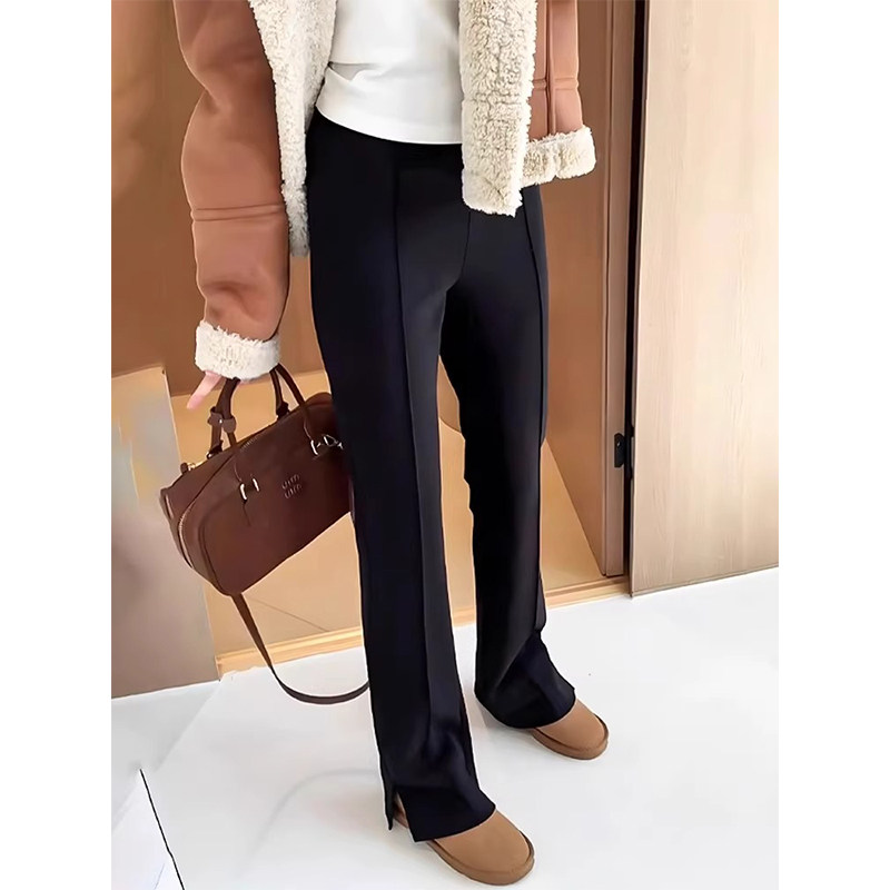 黑色西装微喇裤女秋冬大码胖mm显瘦休闲加绒加厚弹力窄版直筒裤子