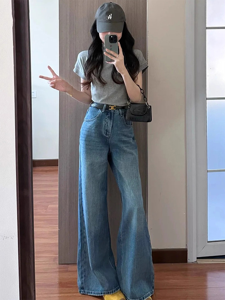美式覆古不贴腿微喇叭牛仔裤女2025夏新款薄款显腿高腰阔腿拖地裤