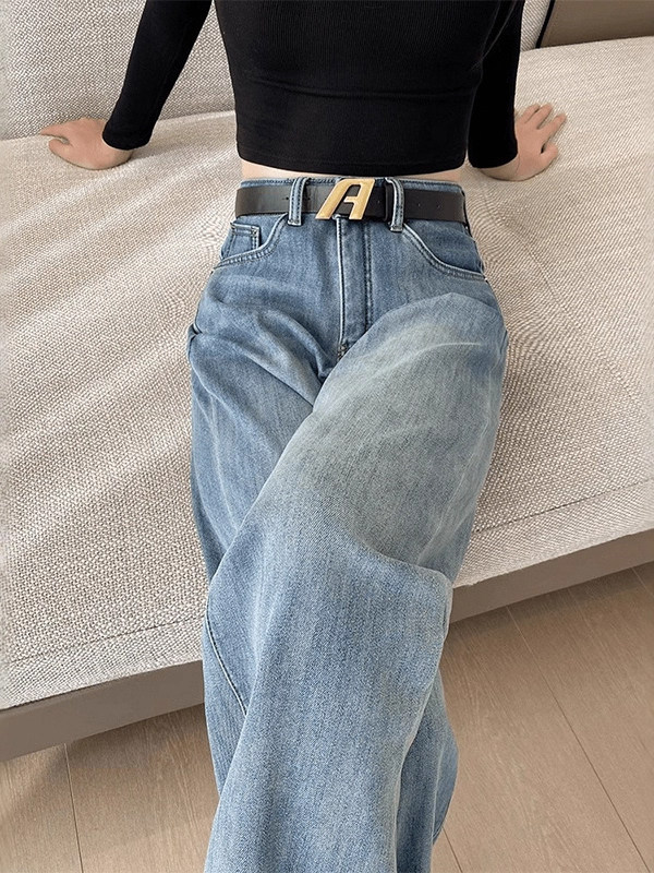 浅色窄版阔腿牛仔裤女秋季2025新款爆款高腰宽松休闲直筒拖地裤子