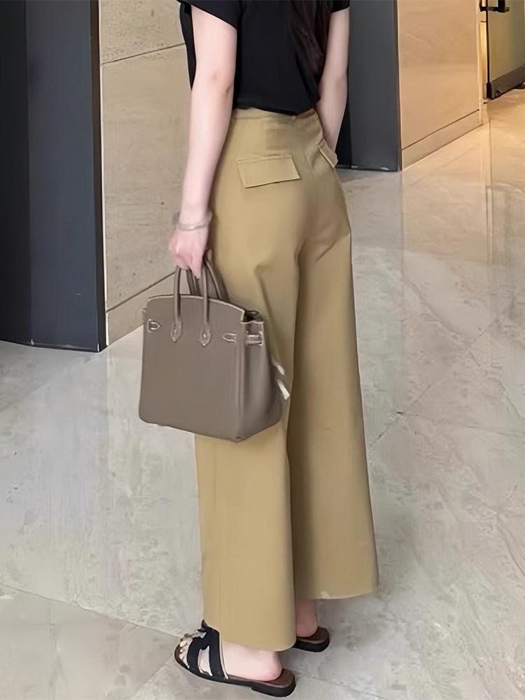 卡其色直筒休闲裤女夏薄款大码胖mm高腰宽松气质显瘦小个子九分裤