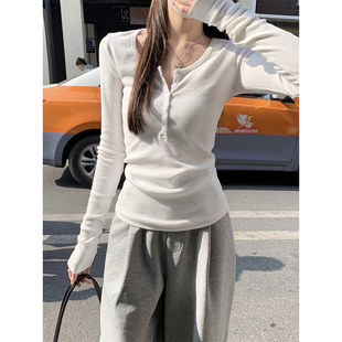 显瘦掐腰辣妹纯色打底衫 新款 上0321e T恤女2026春季 领正肩螺纹长袖