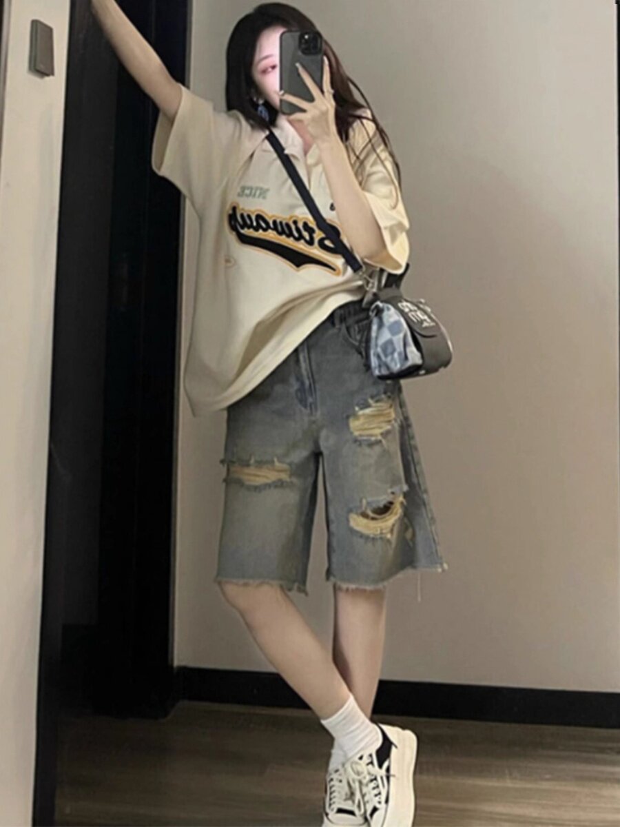 复古破洞牛仔短裤女夏季薄款大码胖MM高腰显瘦a字毛边阔腿五分裤