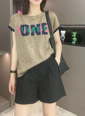 时尚套装女2024夏季新款欧货大码印花圆领短袖t恤阔腿短裤两件套