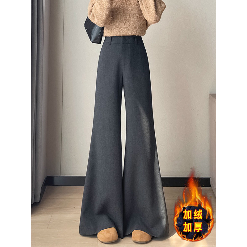 加绒加厚毛呢西装微喇裤女冬季新款高腰窄版休闲裤灰色拖地喇叭裤