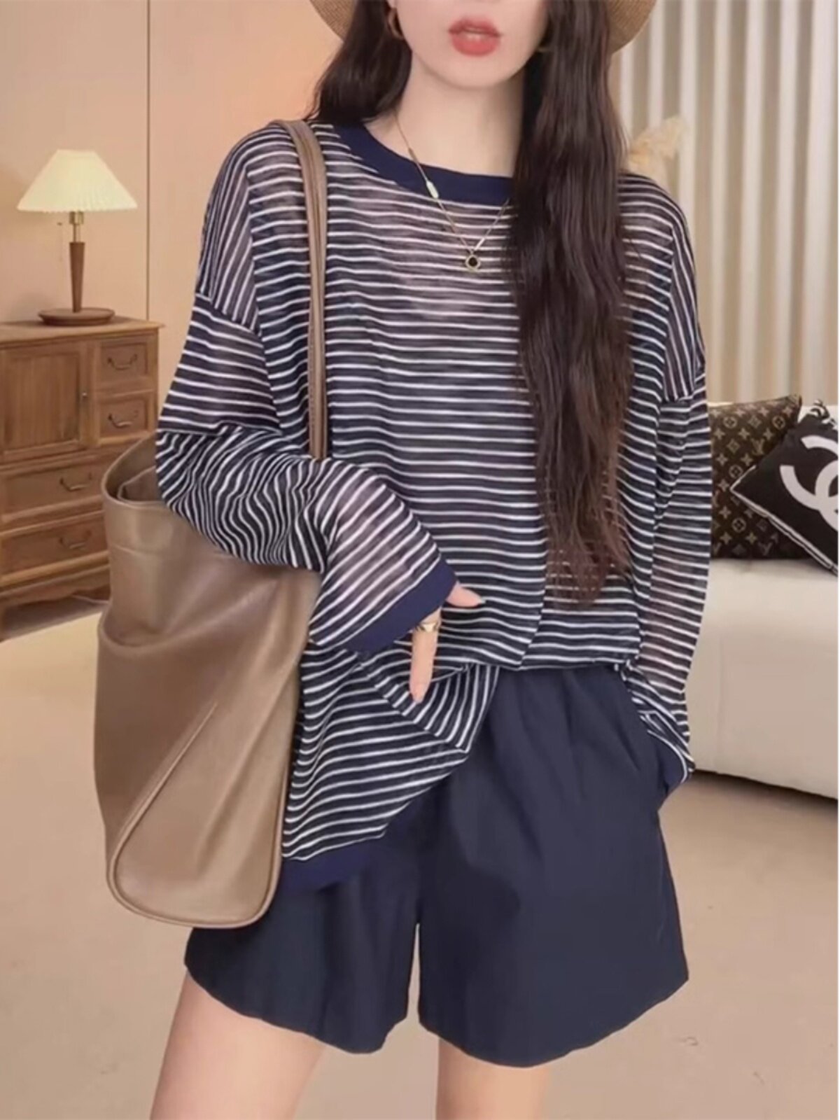 条纹圆领长袖t恤女士2024夏季薄款韩版宽松显瘦休闲防晒罩衫上衣