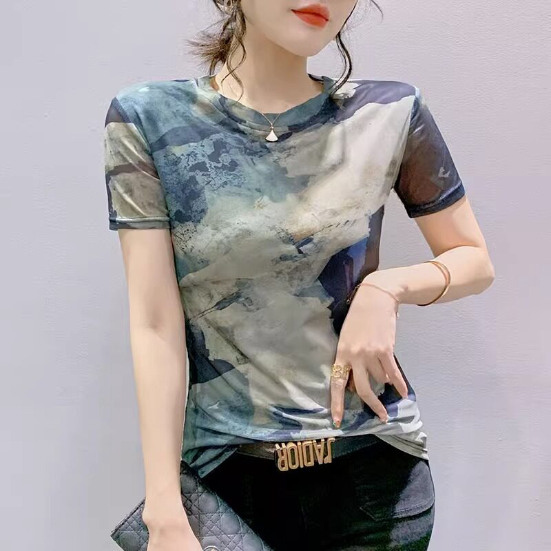 扎染印花短袖t恤女2026春夏新款复古洋气修身显瘦网纱体恤上衣潮