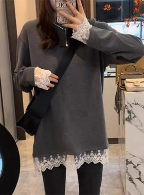 灰色蕾丝花边拼接打底衫女春季中长版遮屁股T恤内搭配鲨鱼0203r1