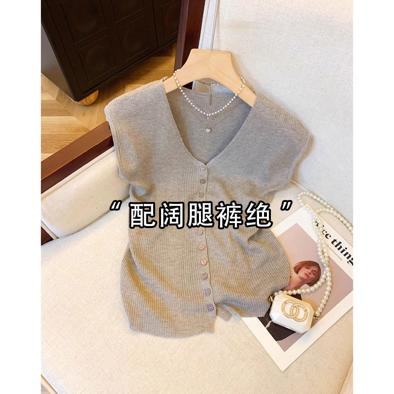 冰丝灰色v领针织开衫女士夏季薄款法式修身显瘦洋气减龄无袖上衣