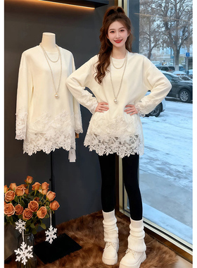 白色下摆蕾丝拼接打底衫女秋冬中长版遮屁股T恤内搭配鲨鱼0203r1