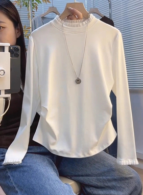 白色蕾丝拼接打底衫女春季2026新款褶皱掐腰显瘦内搭长袖T0203r1