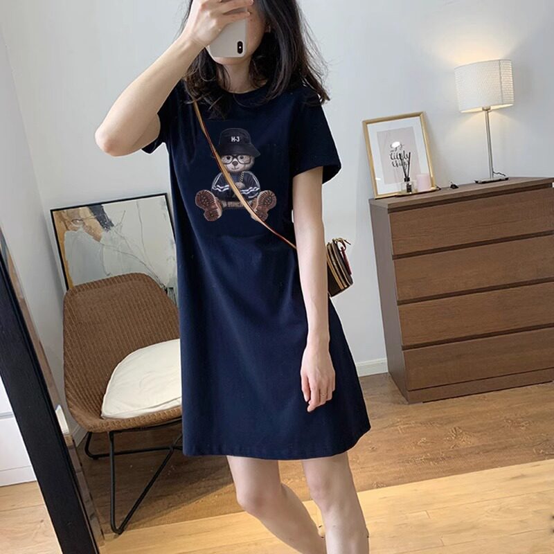 藏青色纯棉印花短袖t恤裙女2025年夏季新款时尚减龄中长款连衣裙