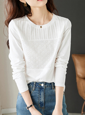 白色钩花蕾丝拼接圆领内搭衣女202春季新款高级感内搭长袖T0203r1