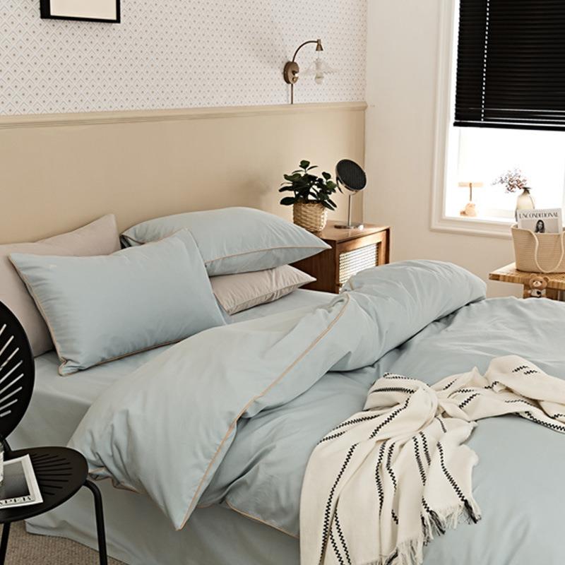 四件套被套长绒棉秋冬床单轻奢支纯棉100简约刺绣纯色磨毛厚全棉