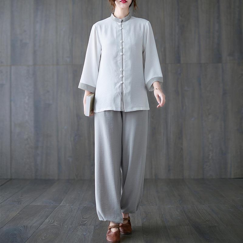 复古中国风春夏太极服女棉麻武术表演练功服中袖工作服茶服套装女