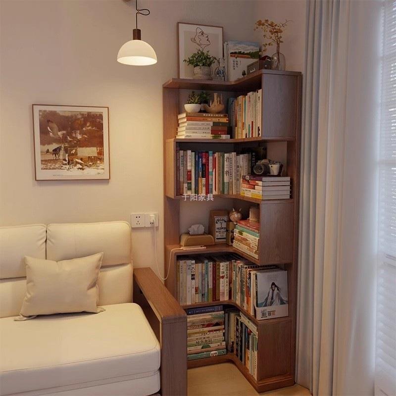 转角收纳书架实木芯置物架书柜客厅拐角小户型家用墙角多层储物柜