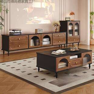 实木电视柜客厅靠墙边柜落地式收纳储物柜一体斗柜茶几组合柜复古