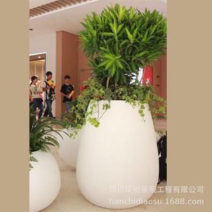 白色玻璃钢圆形花盆花缸容器创意水桶花钵容器纤维布树脂刮灰上色