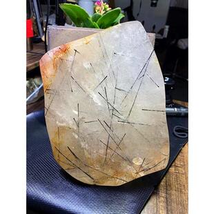 天然原矿黑发晶原石与黄胶花共生打磨随形大块装饰品摆件一物一图