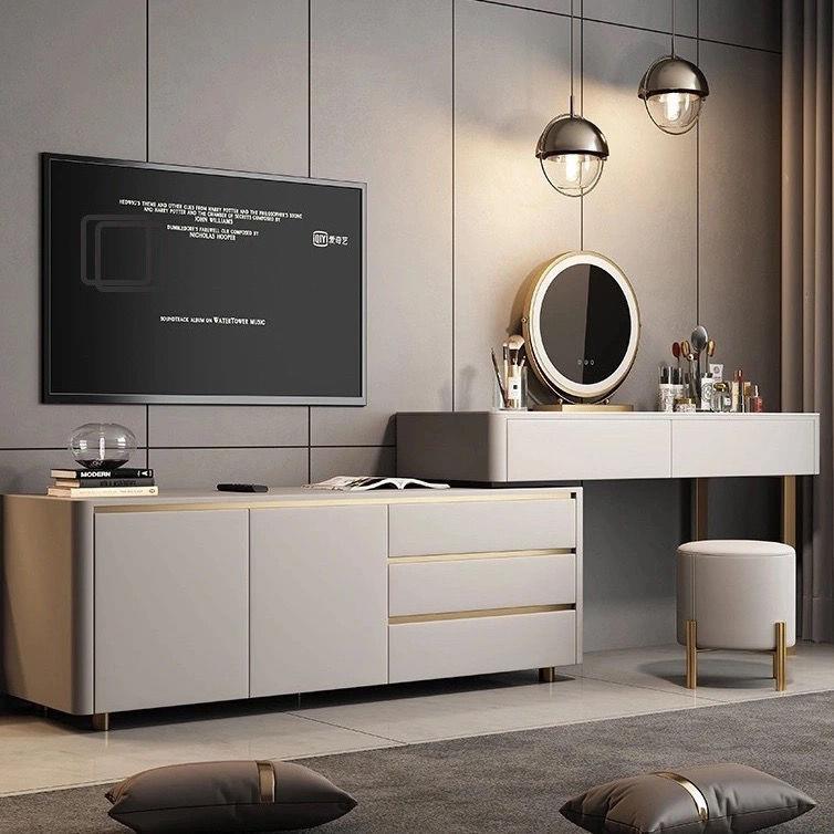 轻奢梳妆台电视柜一体收纳柜现代简约别墅卧室岩板网红伸缩化妆桌