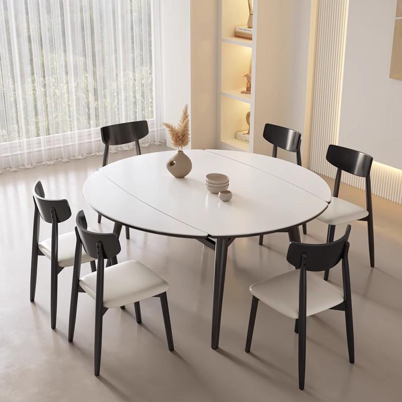 家用折叠岩板圆桌黑色极简美式复古伸缩实木圆形餐桌椅组合小户型