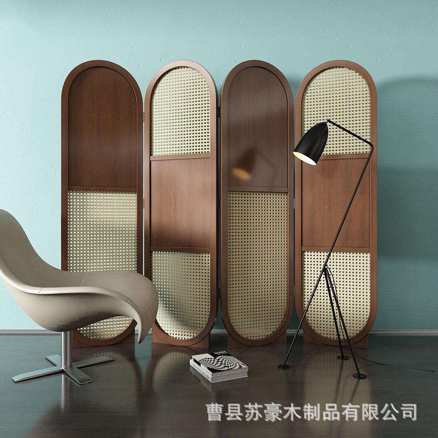 藤编屏风隔断客厅卧室家用入户进门遮挡玄关新中式办公室实木折屏
