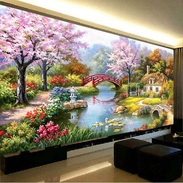十字绣2025新款客厅线绣简约现代欧式油画花园小屋山水风景画大幅