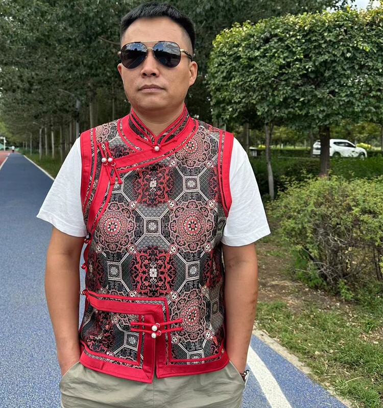 ETHNIC CHARACTERISTICS: MENS HANDMADE VEST MONGOLIAN TRADITIONAL HIGH-GRADE LINING SHOULDER BLUE WHITE REVERSIBLE VEST