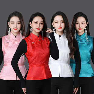 民族风时尚立领里衬手工提花马甲蒙古元素女士坎肩服务员工作服