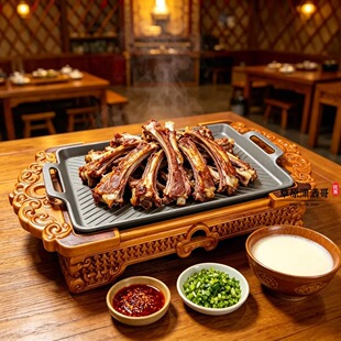 蒙古特色手把肉餐盘复古雕花木质底座合金托盘民族风饭店餐具