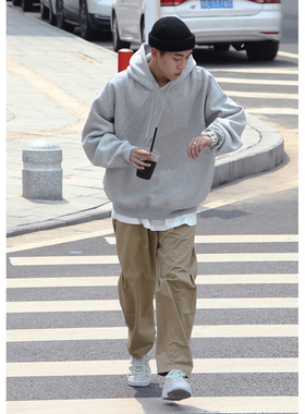 Batterup秋冬新款外套美式宽松纯色oversize灰色连帽卫衣男潮加绒