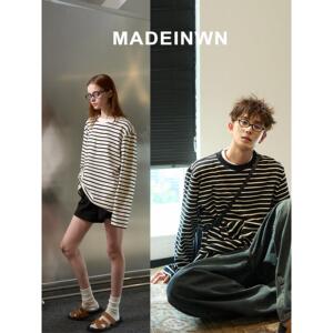 MADEINWN 黑白横条纹圆领宽松休闲T恤简约百搭基础款长袖打底tee