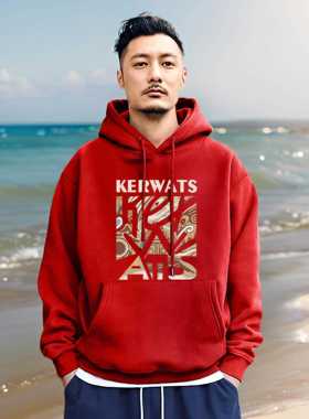 香港潮牌余文乐重磅440克加绒卫衣男秋冬季连帽宽松大码红色衣服