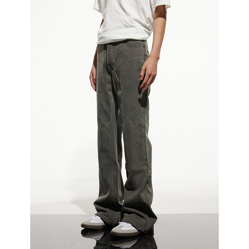 TAICHIISM水洗破坏复古做旧微喇叭牛仔裤男潮牌浅色高街刺绣长裤