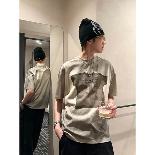 Dig1 Club 【做旧印痕】高级感印花喷黑短袖T恤男夏季休闲上衣潮