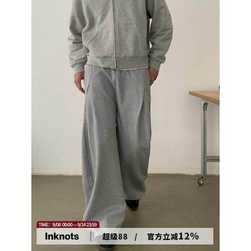 INKNOTS美式复古春季结构剪裁弯刀卫裤男女宽松休闲直筒运动裤潮